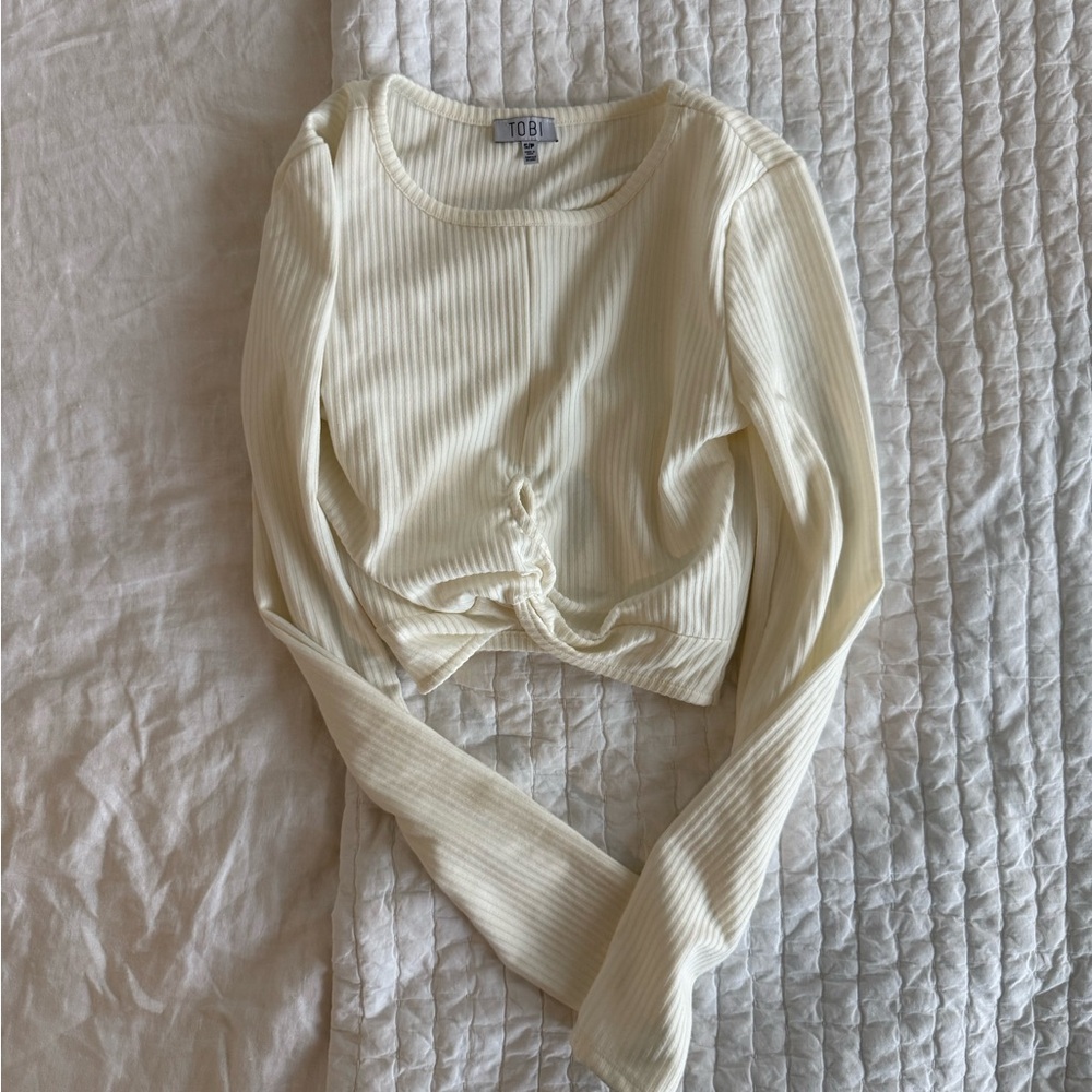 Tobi Cream Tie Front Ribbed Blouse